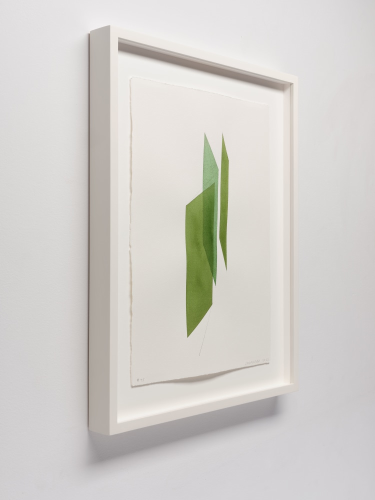 Kate Shepherd Greens, Three Planes, #75, 2022 Watercolor on Arches paper Framed Dimensions: 18 7/8 x 15 1/8 x 1 1/2 inches 47.9 x 38.4 x 3.8 cm