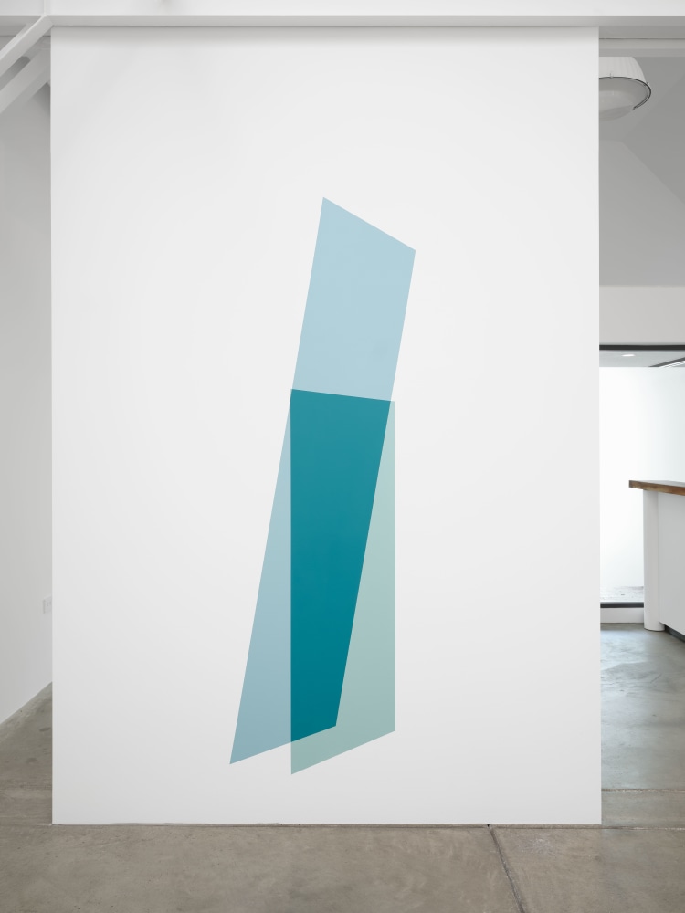 Kate Shepherd Wall painting 7, leaning planks, blue and green, 2023 Latex on wall, custom colors Dimensions variable Approximately 84 x 42 inches