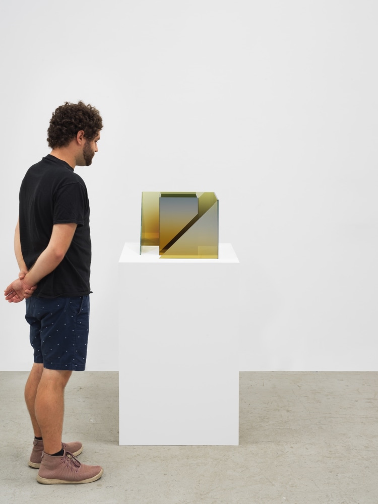 Larry Bell Deconstructed Cube SS with Triangle (Lemoncello / Emerald), 2020 Laminated glass, stainless steel and titanium dioxide 12 x 16 x 16 inches 30.5 x 40.6 x 40.6 cm