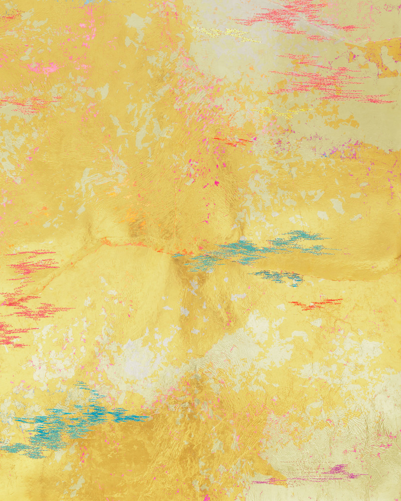 Jessie Henson Repair (Bound), 2023 12, 18 and 24K gold with Beva, acrylic gouache, and polyester thread on paper in 3 parts Framed Dimensions: 63 7/8 x 45 1/2 x 2 3/8 inches 162.1 x 115.4 x 6 cm Paper Dimensions: 60 x 41 inches 152.4 x 104.1 cm