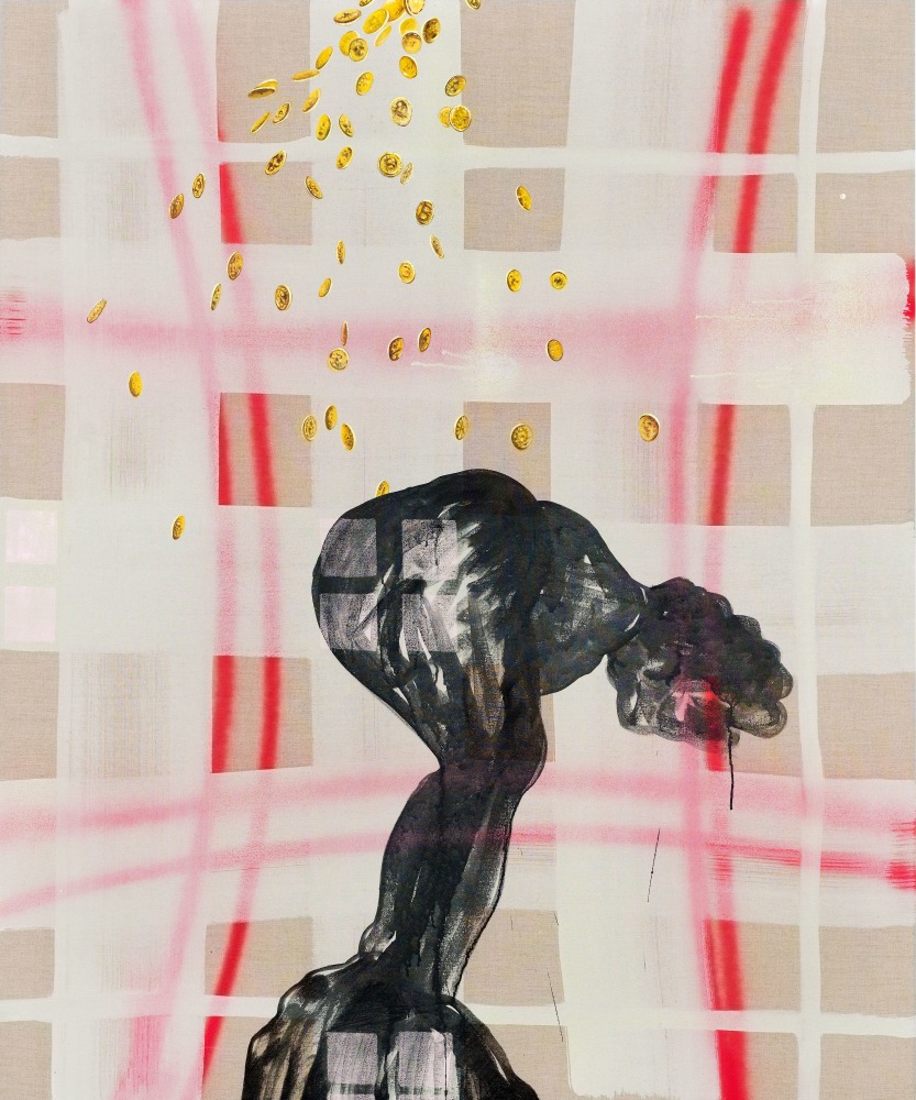 Caragh Thuring Bank Shot, 2018 Signed and dated verso Acrylic, pigment, line marker, oil, charcoal and graphite on linen 65 x 54 inches 165.1 x 137.2 cm