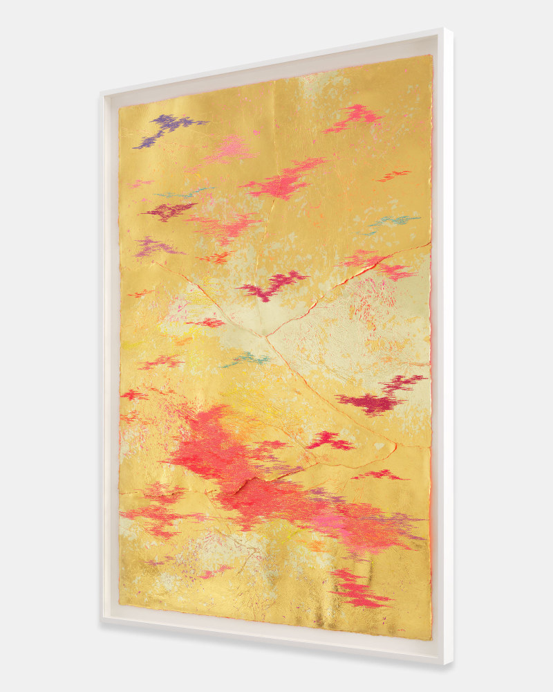Jessie Henson Repair (Weather), 2023 16, 18 and 24K gold with Beva, acrylic gouache, and polyester thread on paper in 5 parts Framed Dimensions: 63 7/8 x 45 1/2 x 2 3/8 inches 162.1 x 115.4 x 6 cm Paper Dimensions: 60 x 41 inches 152.4 x 104.1 cm