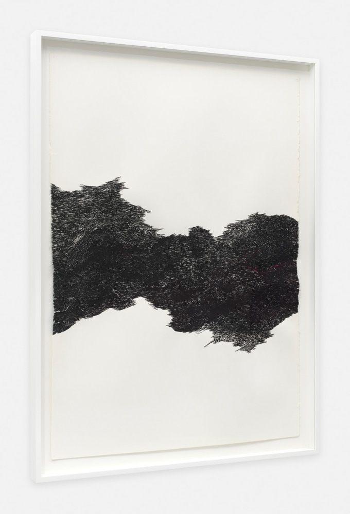 Jessie Henson Untitled, (Blue-Black Thread), 2018 Polyester and rayon thread on paper Framed Dimensions: 45 1/5 x 33 2/5 inches 114.8 x 84.8 cm