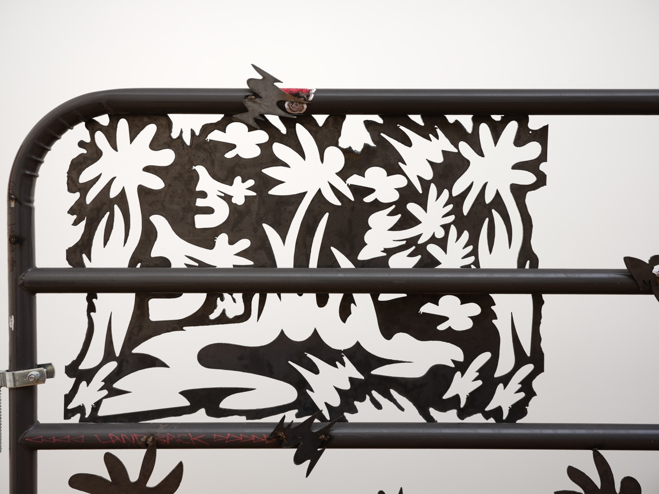 Saif Azzuz Who says, 2022 Stickers, ink, bungee cord, chains, and steel 59 x 93 inches 149.9 x 236.2 cm