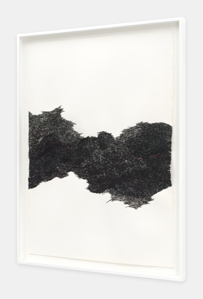 Jessie Henson Untitled, (Blue-Black Thread), 2018 Polyester and rayon thread on paper Framed Dimensions: 45 1/5 x 33 2/5 inches 114.8 x 84.8 cm