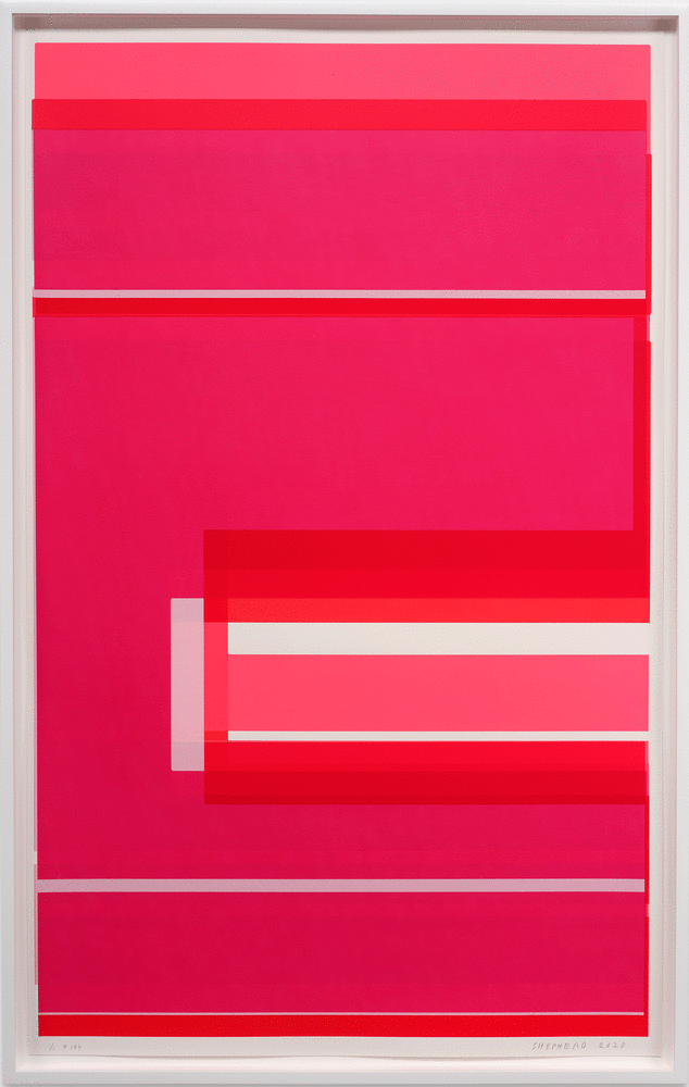 Kate Shepherd, Nina Simone Sings Pirate Jenny #104, 2020,  Screen print on coventry rag paper, 40 x 25 inches, dark pink, light pink, and white stripes, protest poster, geometric design