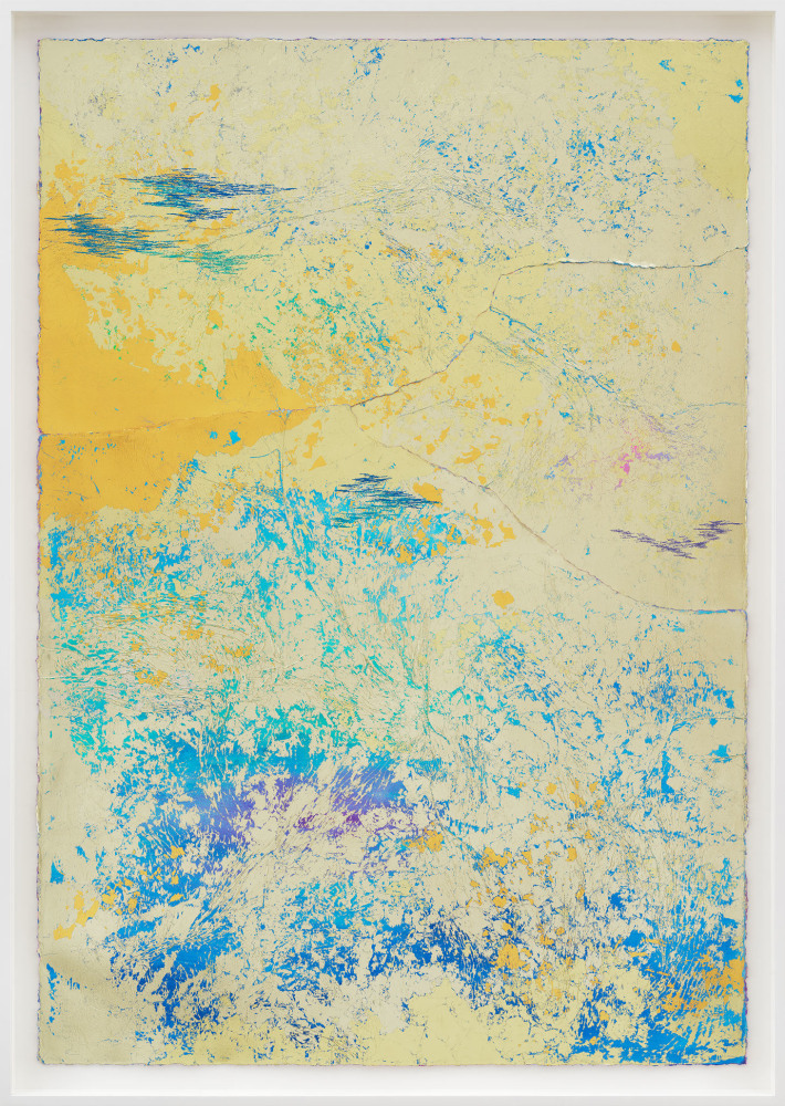 Jessie Henson Repair (Transparent), 2023 12, 16, 18 and 24K gold with Beva, acrylic gouache, and polyester thread on paper in 3 parts Framed Dimensions: 63 7/8 x 45 1/2 x 2 3/8 inches 162.1 x 115.4 x 6 cm Paper Dimensions: 60 x 41 inches 152.4 x 104.1 cm