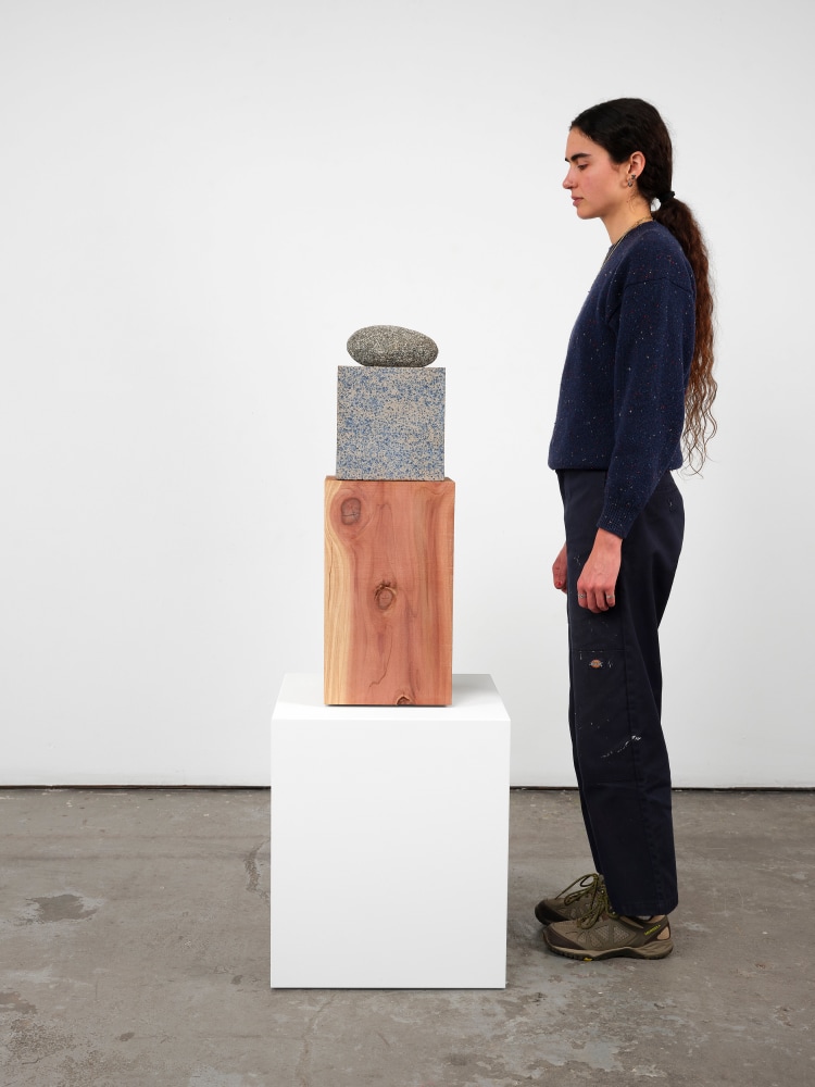 Jesse Schlesinger Cobble of milky way, straying planets,, 2025 Redwood (salvaged), glazed ceramic, and granite 33 1/2 x 13 1/2 x 13 1/2 inches 85.1 x 34.3 x 34.3 cm