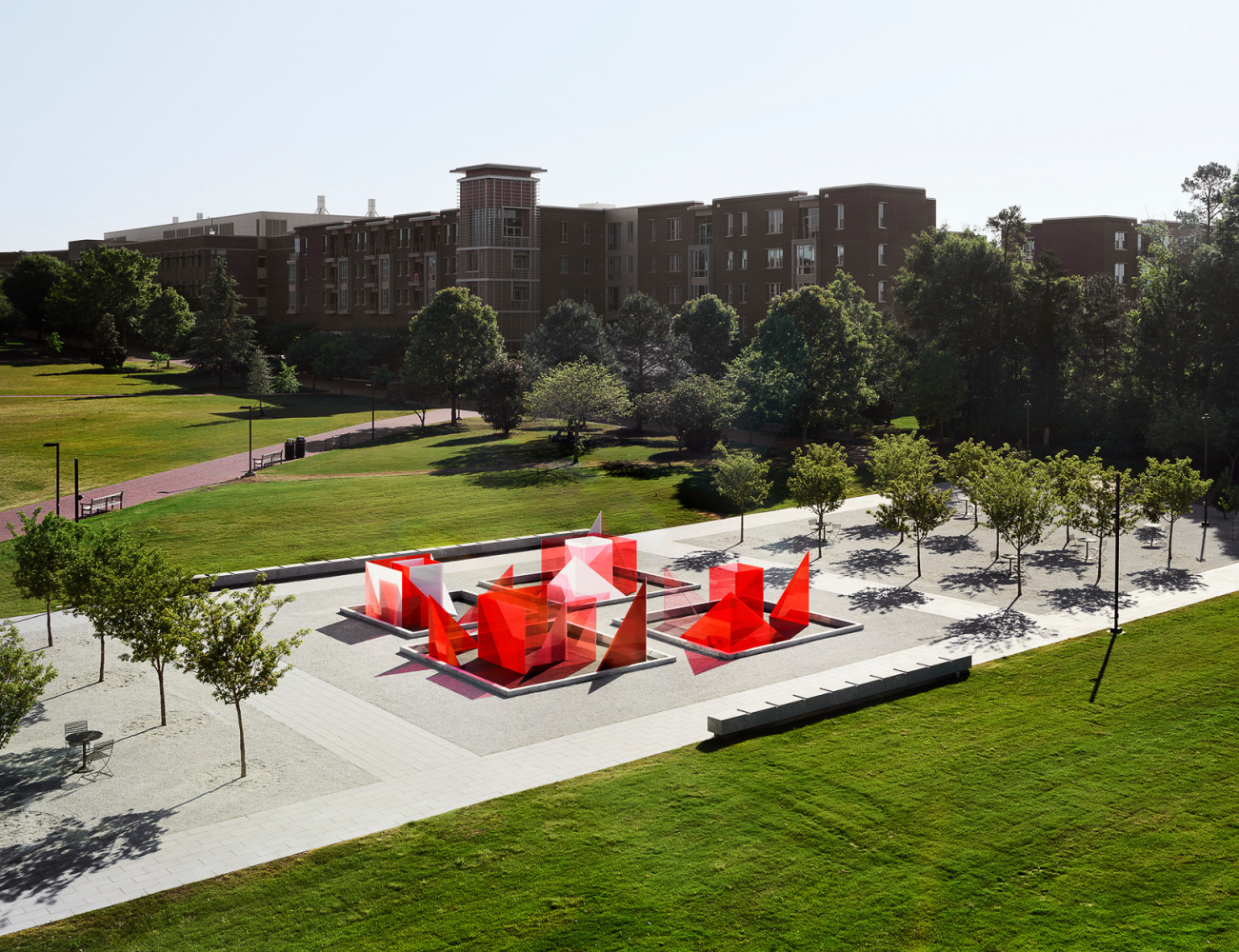 Larry Bell Reds and Whites, 2024 Site specific commission at NC State, Susan Woodson Plaza, just outside the James B. Hunt Jr. Library on Centennial Campus
