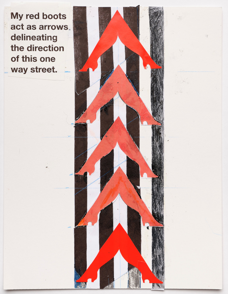 Barbara Stauffacher Solomon Red Boots Ink, colored pencil, collaged onto heavy paper 11 x 8.5 inches 28 x 21.6 cm