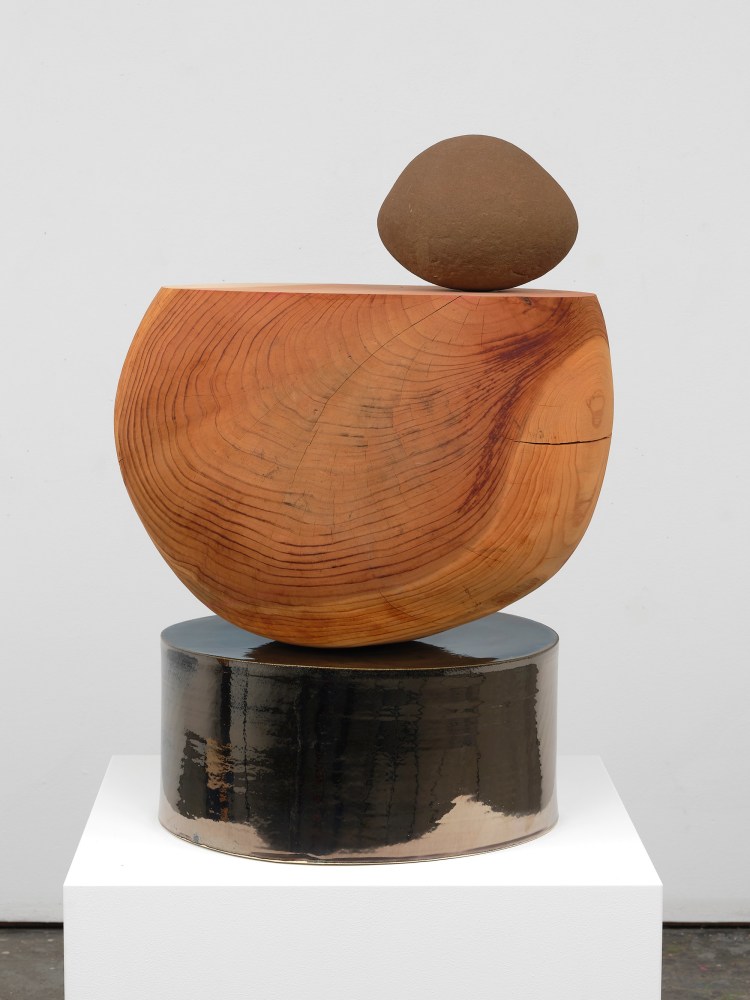 Jesse Schlesinger Lay down these words, Before your mind like rocks., 2025 Glazed ceramic, redwood (salvaged), and stone 27 x 14 x 19 inches 68.6 x 35.6 x 48.3 cm