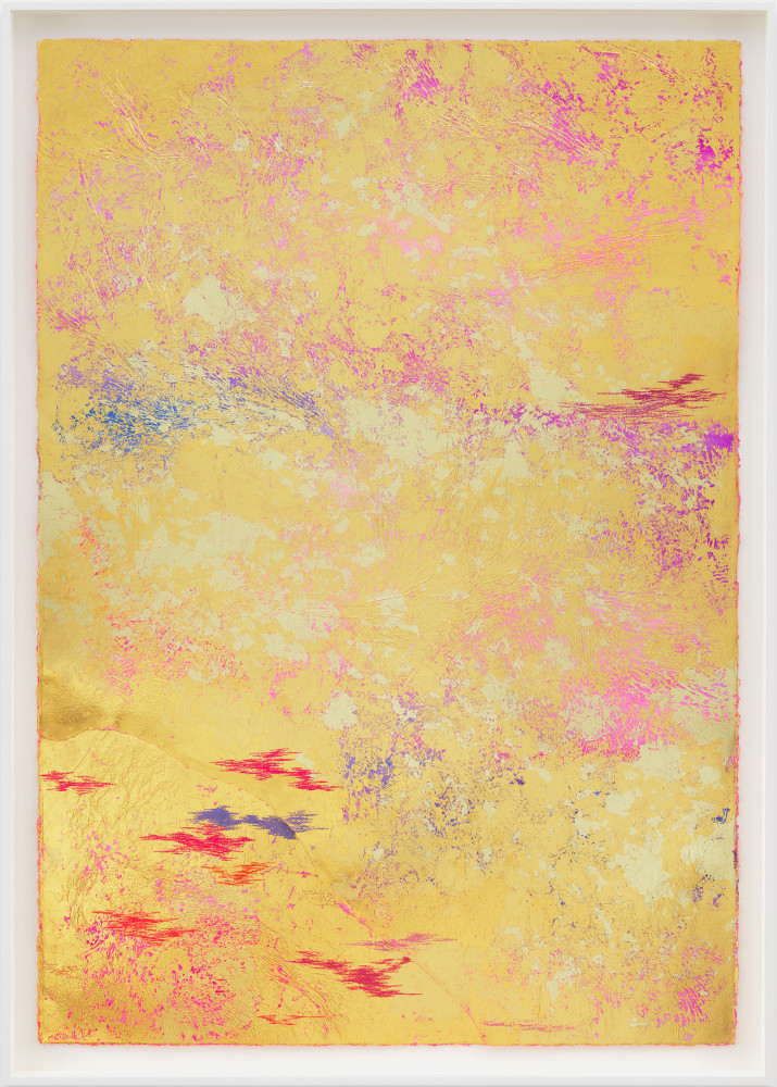 Jessie Henson Repair (Hold Up), 2023 16, 18 and 24K gold with Beva, acrylic gouache, and polyester thread on paper in 2 parts Framed Dimensions: 63 7/8 x 45 1/2 x 2 3/8 inches 162.1 x 115.4 x 6 cm Paper Dimensions: 60 x 41 inches 152.4 x 104.1 cm