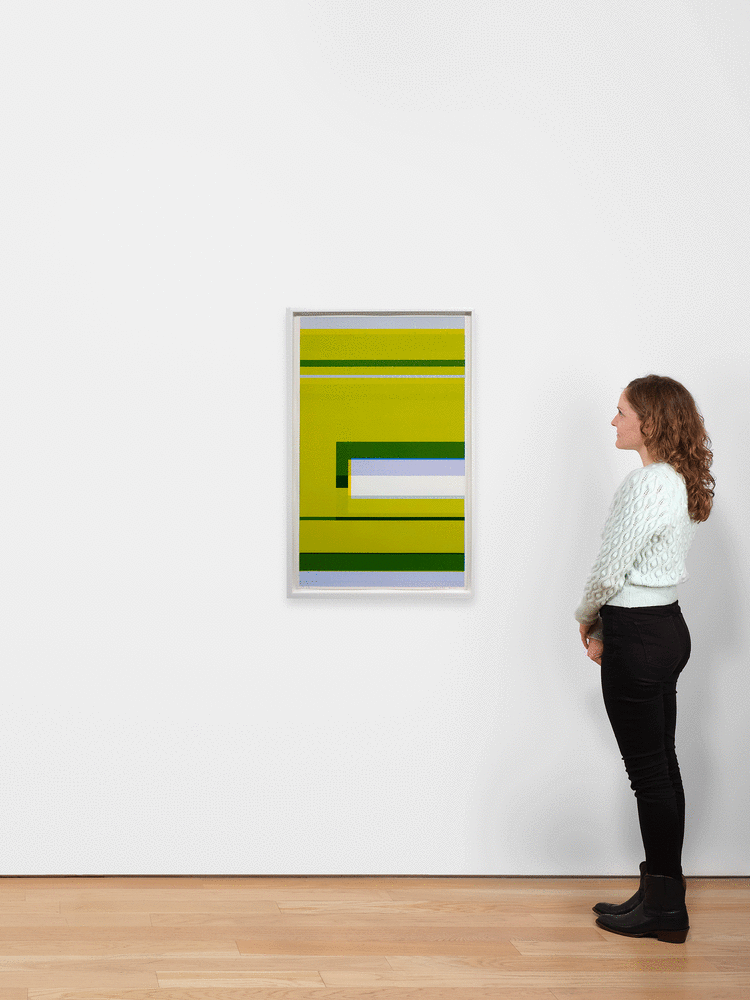 Kate Shepherd, Nina Simone Sings Pirate Jenny #137, 2020,  Screen print on coventry rag paper, 40 x 25 inches, protest poster, lime green, dark green, pastel blue, and white stripes, geometric pattern