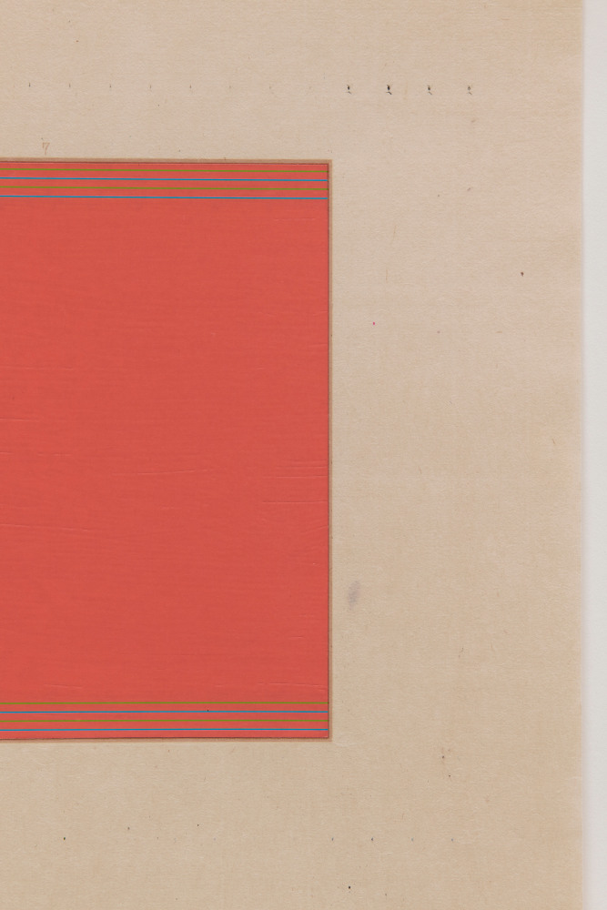 Marsha Cottrell Untitled (Coral red with blue and green lines), 2025 Archival pigment-based ink on digital ground on paper, unique Framed Dimensions: 22 3/8 x 17 3/8 x 1 3/8 inches 56.8 x 44.1 x 3.5 cm Paper Dimensions: 20 x 15 inches 50.8 x 38.1 cm