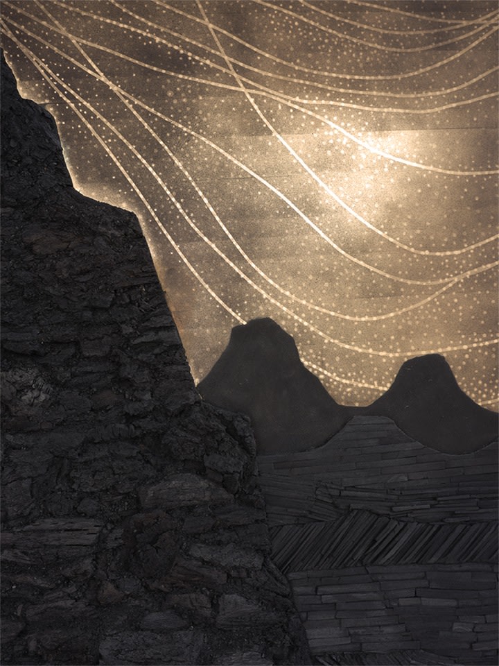 Teresita Fernández Dark Earth (Ravine), 2021 Solid charcoal and mixed media on chromed panel 73 1/2 x 47 1/2 x 3 inches 186.7 x 120.7 x 7.6 cm