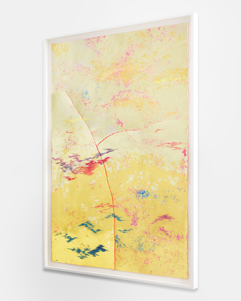 Jessie Henson Repair (Buckle), 2023 12, 18 and 24K gold with Beva, acrylic gouache, and polyester thread on paper in 3 parts Framed Dimensions: 63 7/8 x 45 1/2 x 2 3/8 inches 162.1 x 115.4 x 6 cm Paper Dimensions: 60 x 41 inches 152.4 x 104.1 cm