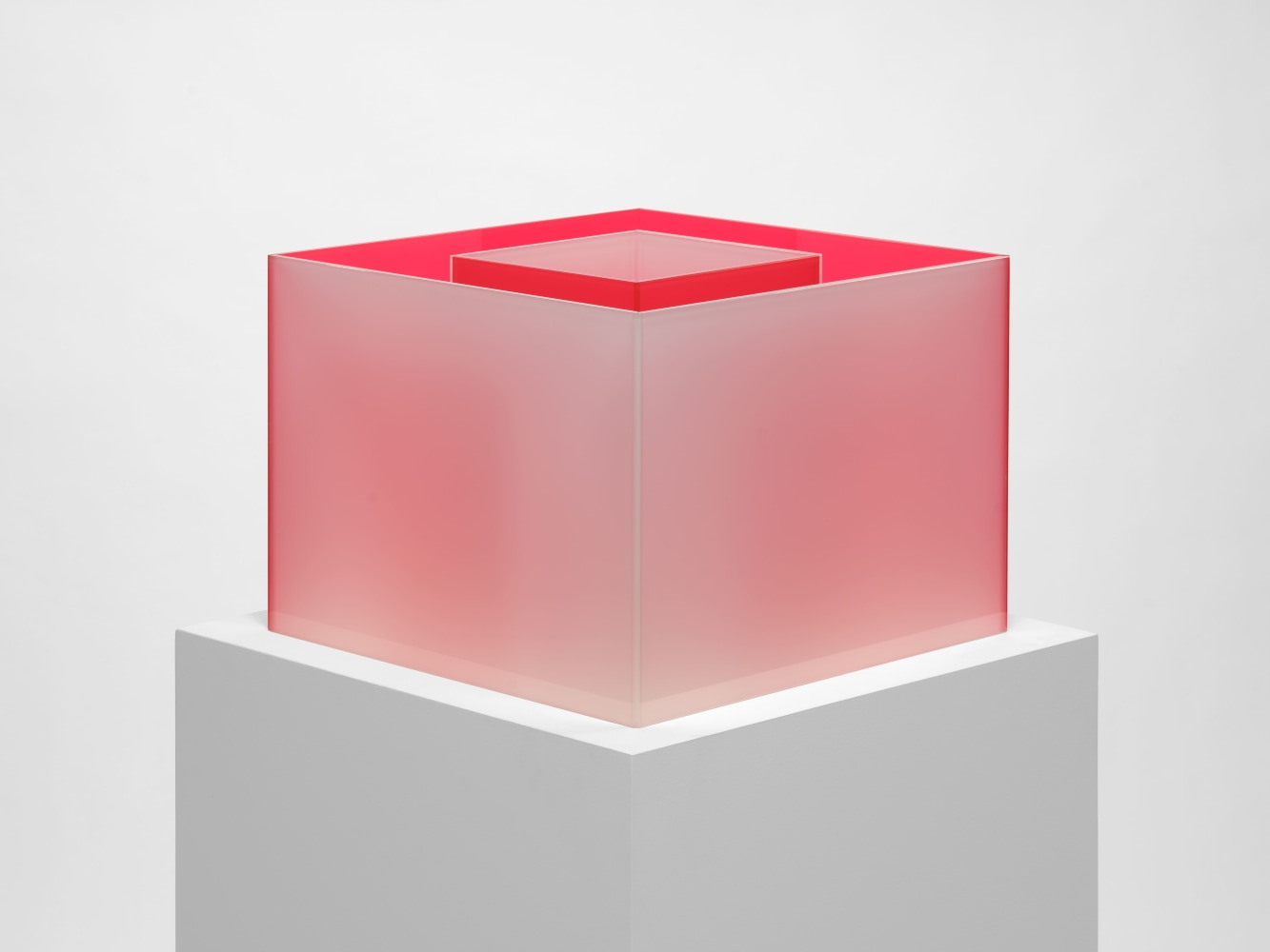 Larry Bell Untitled Maquette (Poppy / True Fog), 2018 Laminated glass, unique Overall dimensions: 12 x 16 x 16 inches 30.5 x 40.6 x 40.6 cm