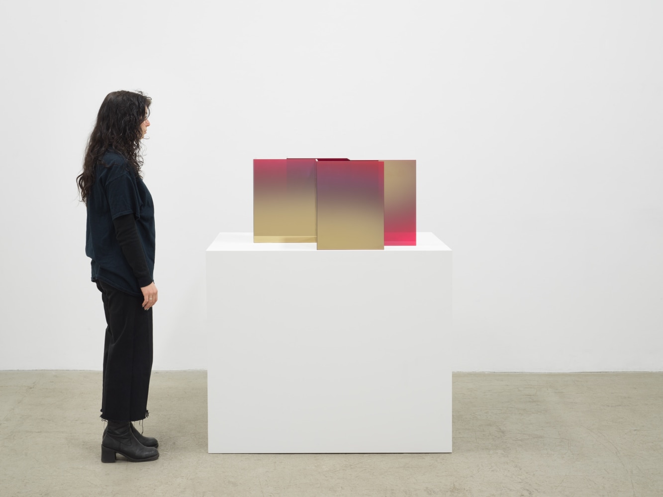 Larry Bell Red Experiment, 2021 Laminated glass coated with Titanium 16 x 30 x 30 inches 40.6 x 76.2 x 76.2 cm