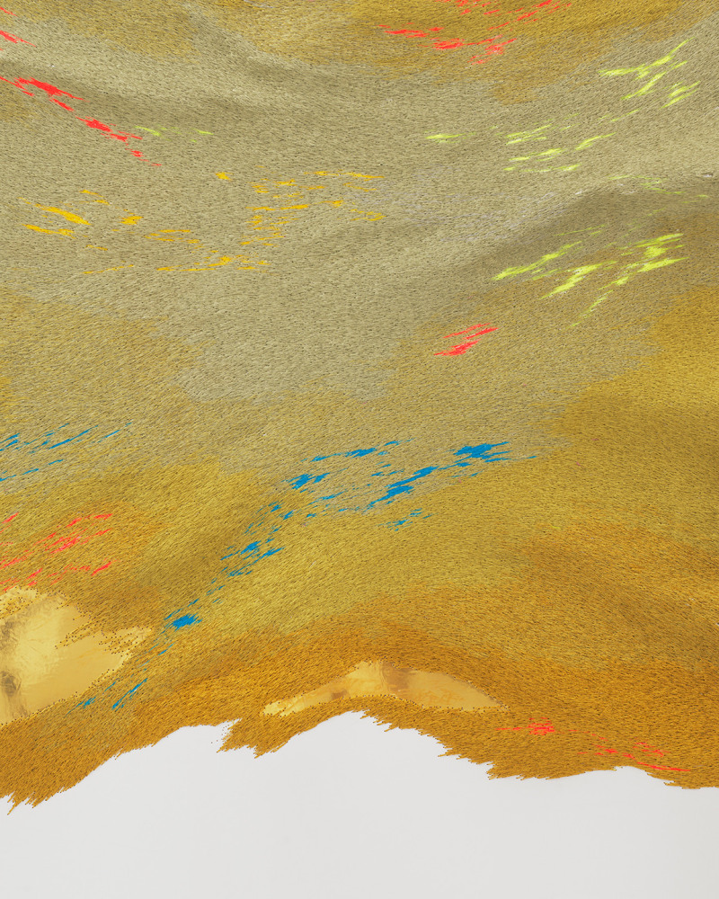 Jessie Henson Sound of the Shadow , 2023 24K gold with beva and polyester and rayon thread on paper Framed Dimensions: 45 x 33 3/8 x 3 1/8 inches 114.3 x 84.8 x 7.8 cm Paper Dimensions: 41 x 29 inches 104.1 x 73.7 cm