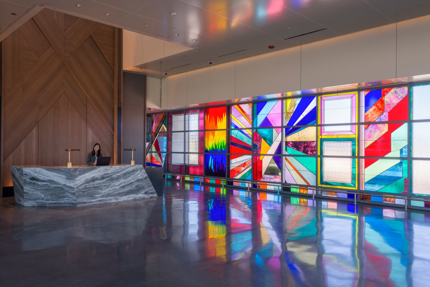Sarah Cain Detail view of We Will Walk Right Up To The Sun, 2019 Stained glass framed by soldered zinc 10 x 150 feet Produced by the San Francisco Arts Commission for the AirTrain station at San Francisco International Airport