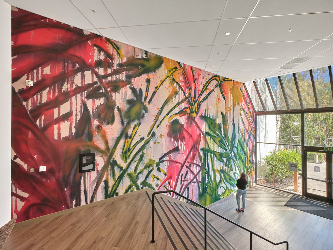 Saif Azzuz Rooted in the land, 2024 Site specific commission by Stanford​ School of Medicine 6 framed works on paper and 1 large-scale vinyl Vinyl: 28.3 x 45.5 ft Paper Dimensions: 30 x 20 1/8 inches, each 76.2 x 51.1 cm, each Framed Dimensions: 34 x 24 1/8 inches, each 86.4 x 61.3 cm, each