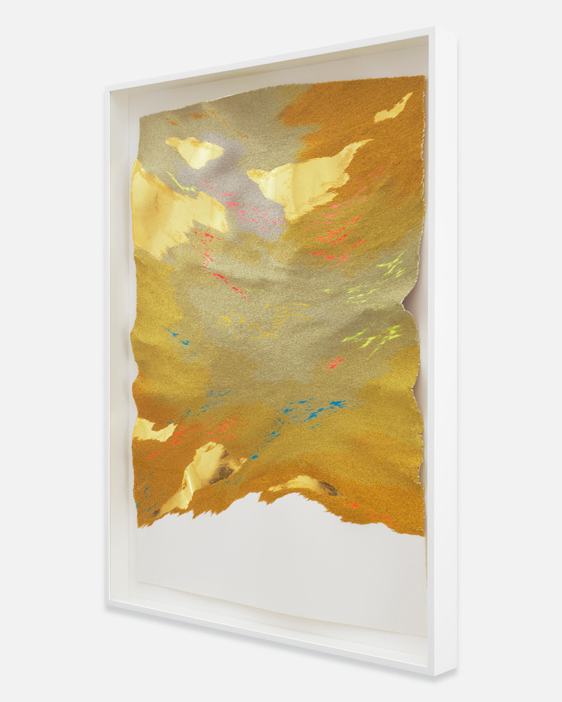 Jessie Henson Sound of the Shadow , 2023 24K gold with beva and polyester and rayon thread on paper Framed Dimensions: 45 x 33 3/8 x 3 1/8 inches 114.3 x 84.8 x 7.8 cm Paper Dimensions: 41 x 29 inches 104.1 x 73.7 cm