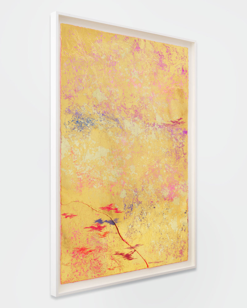 Jessie Henson Repair (Hold Up), 2023 16, 18 and 24K gold with Beva, acrylic gouache, and polyester thread on paper in 2 parts Framed Dimensions: 63 7/8 x 45 1/2 x 2 3/8 inches 162.1 x 115.4 x 6 cm Paper Dimensions: 60 x 41 inches 152.4 x 104.1 cm