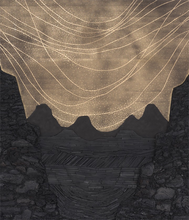 Teresita Fernández Dark Earth (Ravine), 2021 Solid charcoal and mixed media on chromed panel 73 1/2 x 47 1/2 x 3 inches 186.7 x 120.7 x 7.6 cm