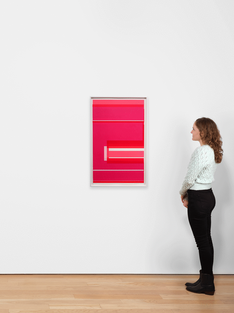 Kate Shepherd, Nina Simone Sings Pirate Jenny #104, 2020,  Screen print on coventry rag paper, 40 x 25 inches, dark pink, light pink, and white stripes, protest poster, geometric design