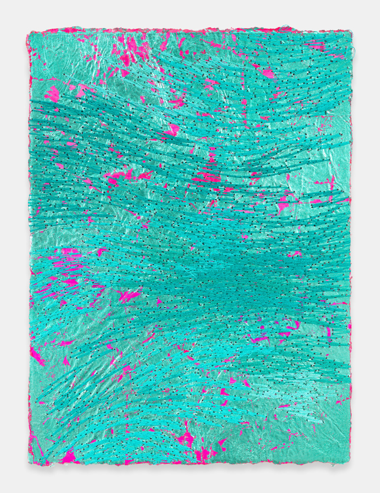 Jessie Henson The Gems and Minerals Department II, 2023 Japanese silver leaf with Beva, acrylic gouache, and polyester thread on paper Framed Dimensions: 12 1/2 x 10 x 1 1/2 inches 31.8 x 25.4 x 3.8 cm Paper Dimensions: 10 1/8 x 7 5/8 inches 25.7 x 19.4 cm