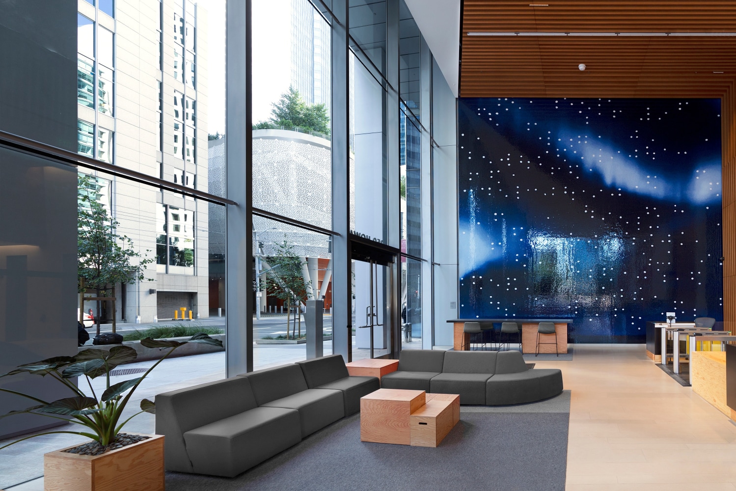 Teresita Fernández Installation view of Night Writing, 2018 Park Tower, San Francisco Glazed ceramic Site specific installation in two parts