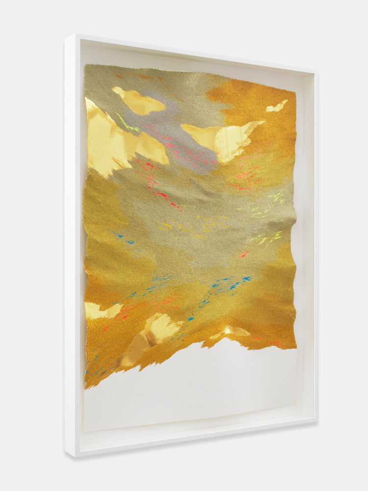 Jessie Henson Sound of the Shadow , 2023 24K gold with beva and polyester and rayon thread on paper Framed Dimensions: 45 x 33 3/8 x 3 1/8 inches 114.3 x 84.8 x 7.8 cm Paper Dimensions: 41 x 29 inches 104.1 x 73.7 cm