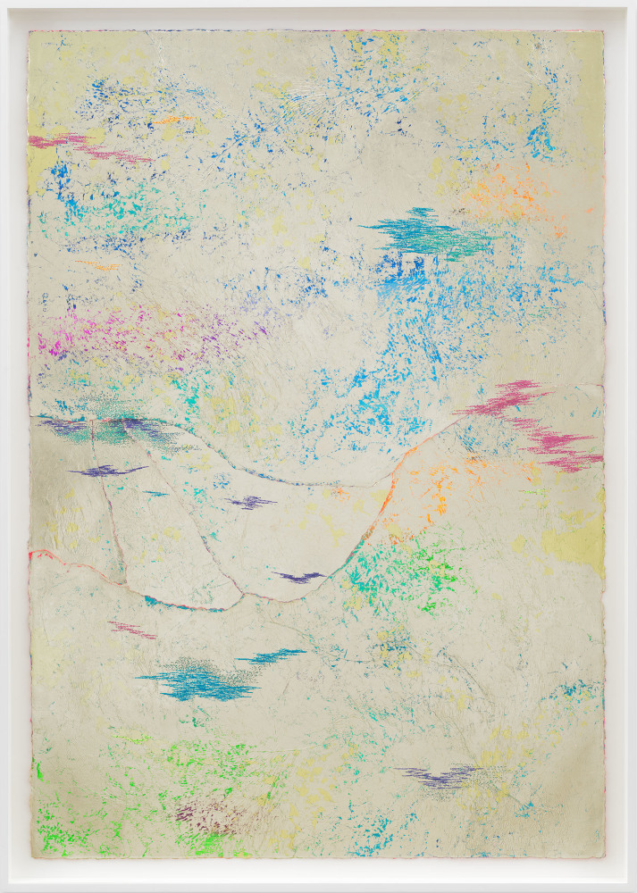 Jessie Henson Repair (Dust), 2023 12, 16, and 18k gold with Beva, acrylic gouache, and polyester thread on paper in 5 parts Framed Dimensions: 63 7/8 x 45 1/2 x 2 3/8 inches 162.1 x 115.4 x 6 cm Paper Dimensions: 60 x 41 inches 152.4 x 104.1 cm