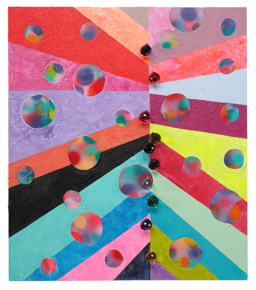 Sarah Cain Endlessly, 2022 Signed, dated and titled on verso Acrylic, sand, uv seal, plastic twine, and prisms on canvas 38 1/2 x 33 1/2 inches 97.8 x 85.1 cm