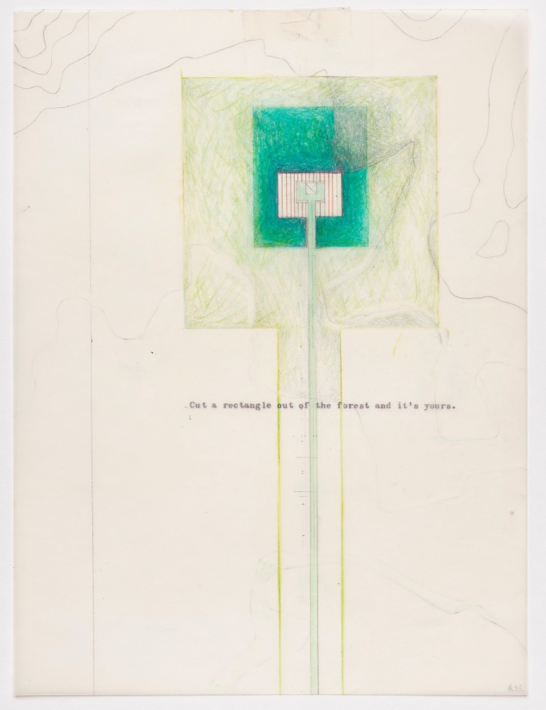 Barbara Stauffacher Solomon Cut a rectangle out of the forest and it's yours., 1980s Colored pencil on aged vellum on paper 11 x 8.5 inches 28 x 21.6 cm