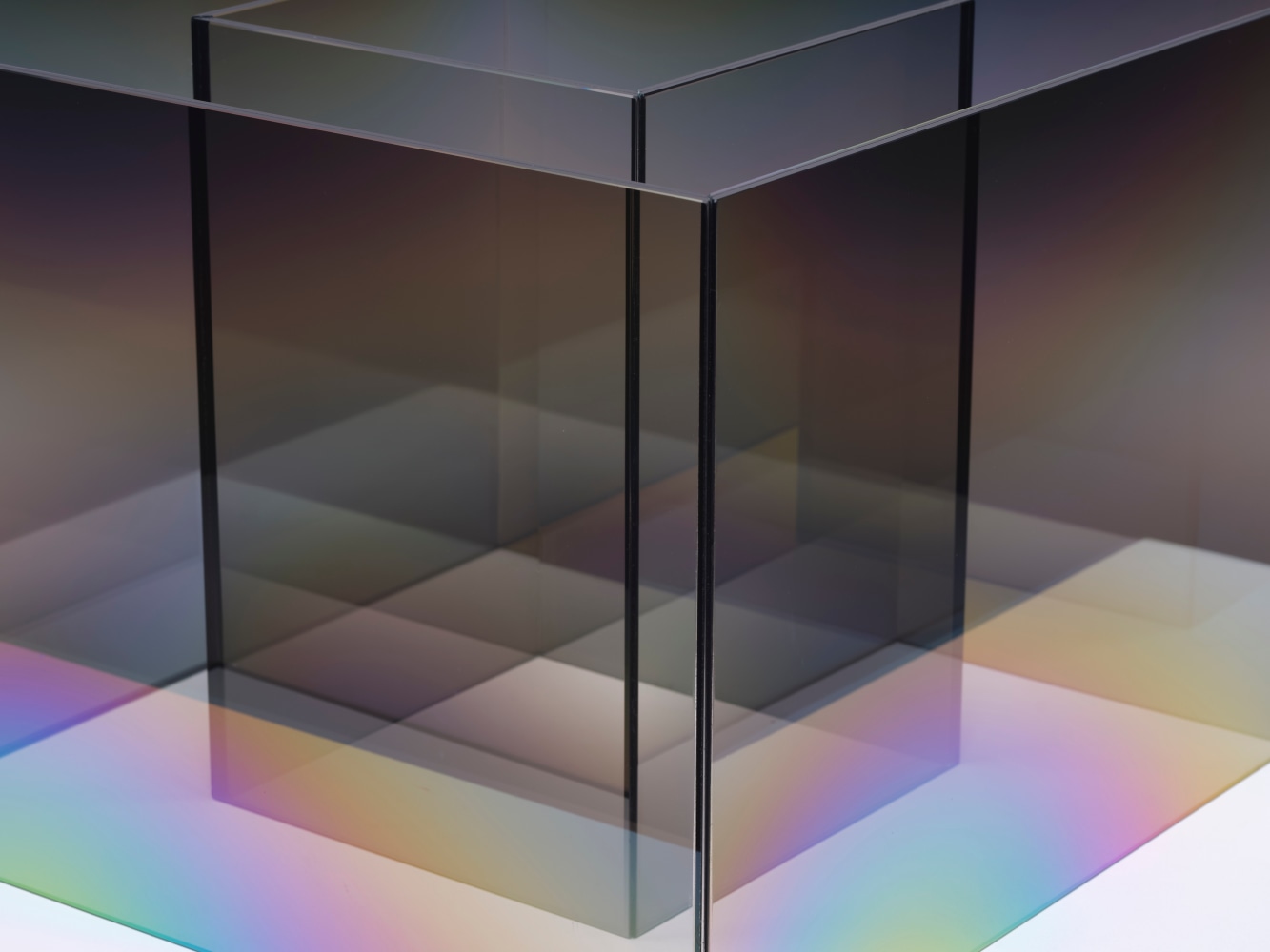 Larry Bell UNTITLED COATED SS (Mist), 2020 Laminated glass coated with inconel and silicon monoxide Overall dimensions: 12 x 16 x 16 inches 30.48 x 40.64 x 40.64 cm