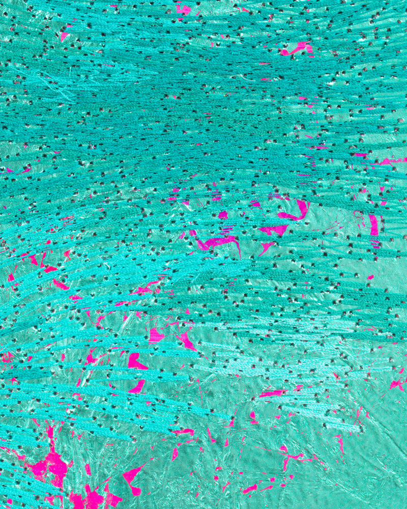 Jessie Henson The Gems and Minerals Department II, 2023 Japanese silver leaf with Beva, acrylic gouache, and polyester thread on paper Framed Dimensions: 12 1/2 x 10 x 1 1/2 inches 31.8 x 25.4 x 3.8 cm Paper Dimensions: 10 1/8 x 7 5/8 inches 25.7 x 19.4 cm