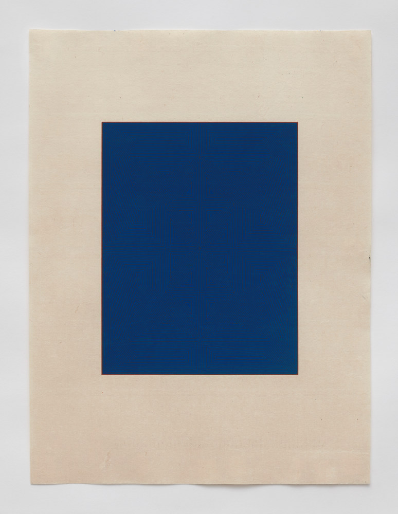 Marsha Cottrell Untitled (Blue with pattern), 2023 Archival pigment on digital ground on paper, unique Framed Dimensions: 22 3/8 x 17 3/8 x 1 3/8 inches 56.8 x 44.1 x 3.5 cm Paper Dimensions: 20 x 15 inches 50.8 x 38.1 cm