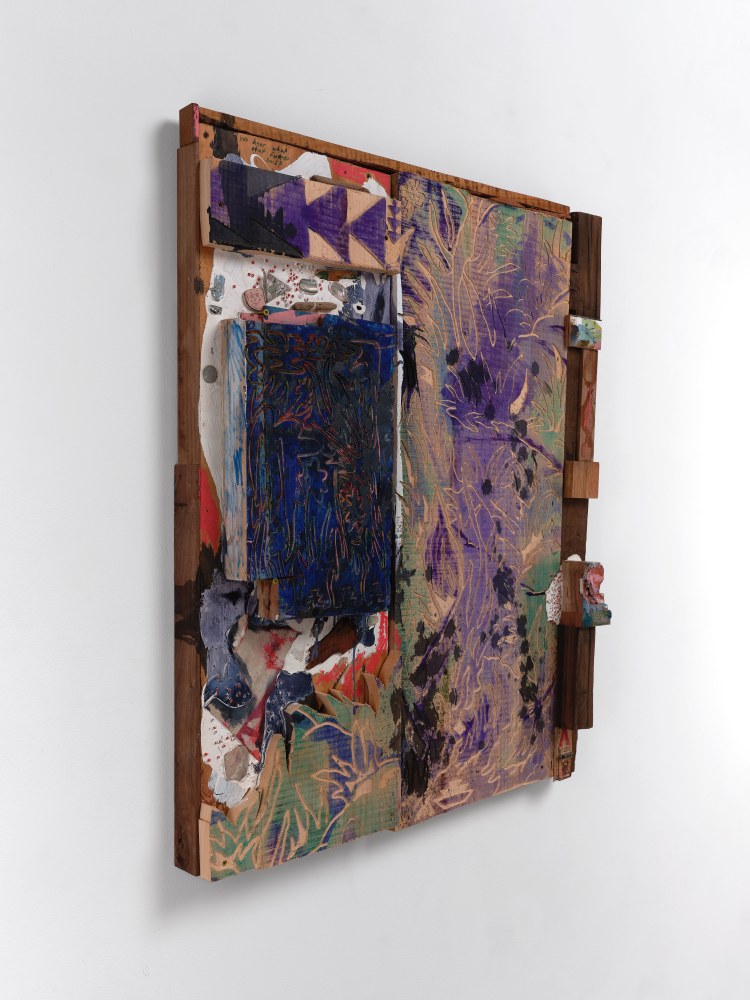 Saif Azzuz You hear what those fuckers said?, 2022 Old growth from hetch hetchy, cedar from weitchpec, acrylic, ink, vinyl, oil, found wood, nail, screws, wood glue, abalone, redwood, beads, screws, sharpie, sakura oil marker and a mouse trap 41 1/2 x 34 1/2 x 5 inches 105.4 x 87.6 x 12.7 cm