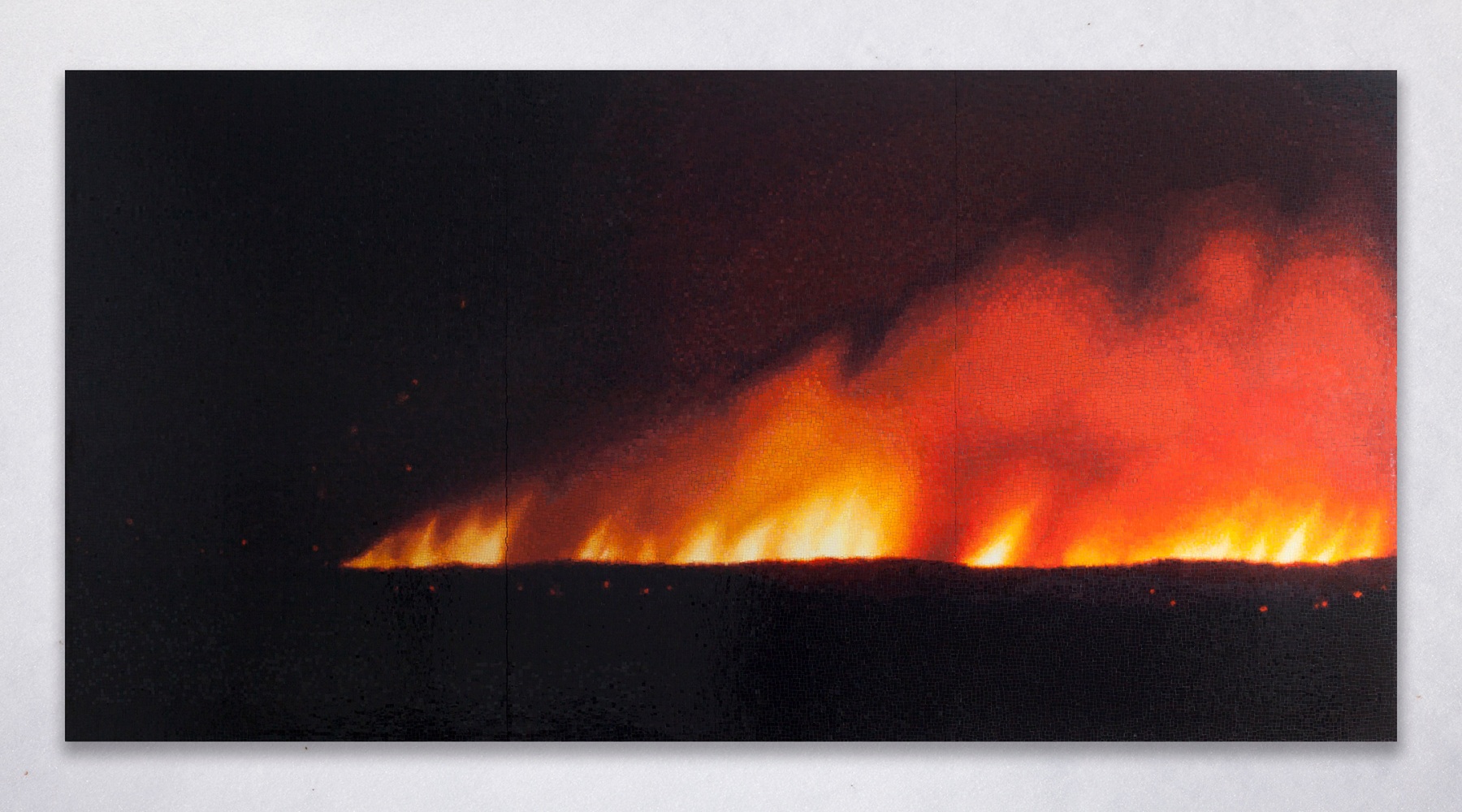 Teresita Fernández Fire (America) 1, 2016 Glazed ceramic In 3 parts 72 x 48 x 1 1/2 inches each (182.9 x 121.9 x 3.8 cm) 72 x 144 inches overall (182.8 x 365.7 x 3.8 cm)