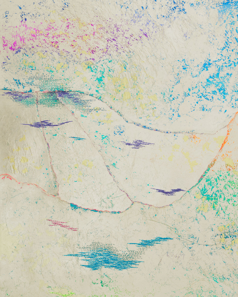 Jessie Henson Repair (Dust), 2023 12, 16, and 18k gold with Beva, acrylic gouache, and polyester thread on paper in 5 parts Framed Dimensions: 63 7/8 x 45 1/2 x 2 3/8 inches 162.1 x 115.4 x 6 cm Paper Dimensions: 60 x 41 inches 152.4 x 104.1 cm