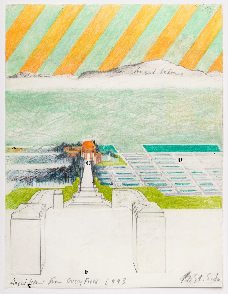 Barbara Stauffacher Solomon Angel Island from Crissy Field, 1993 ​Colored pencil, graphite, ink, vellum 11 x 8.5 inches 28 x 21.6 cm