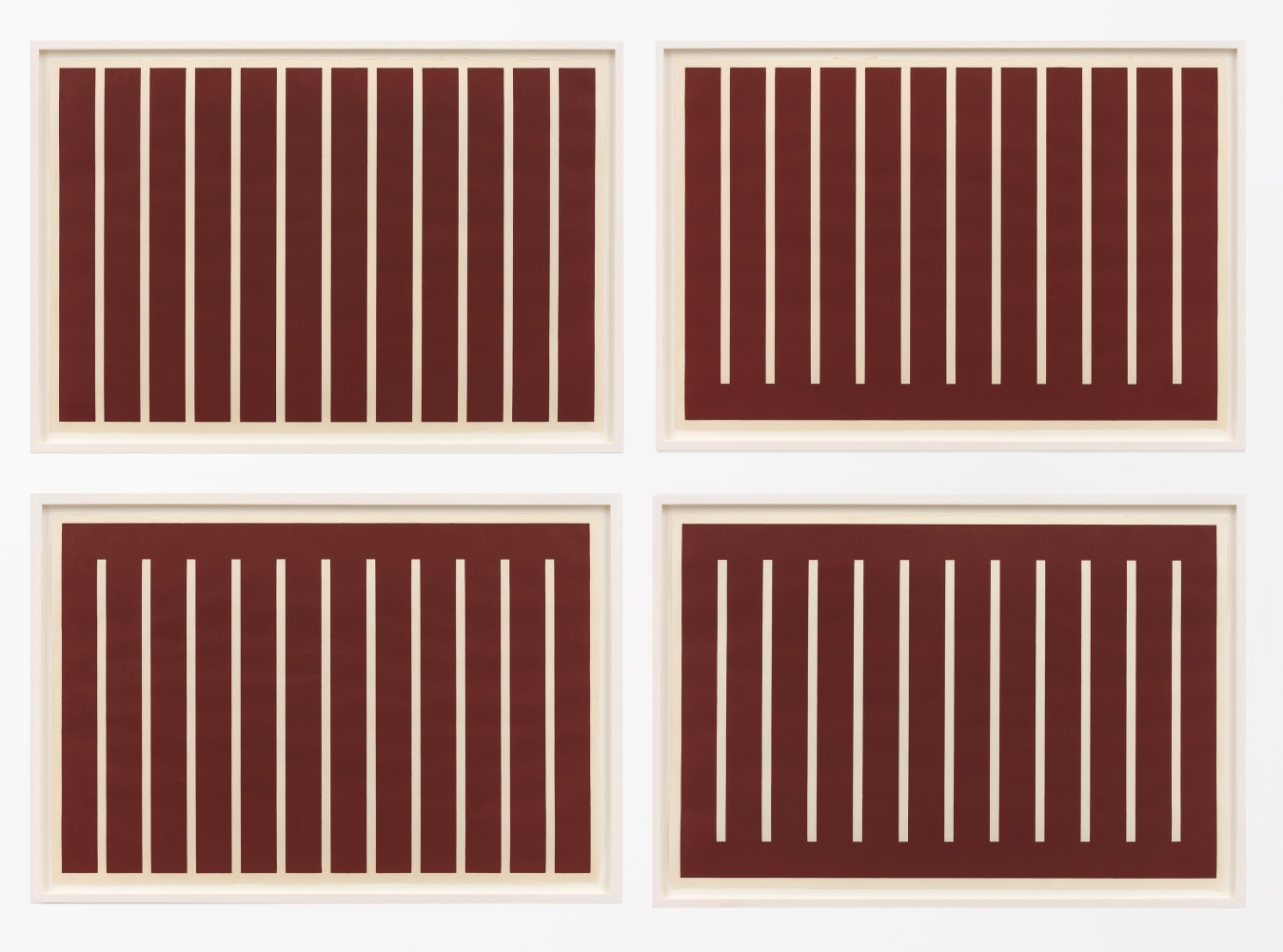 Donald Judd
Untitled, 1992
Set of four woodcuts printed in Oxide of Chromium on Mitsumata handmade paper
Framed Dimensions:
28 7/8 x 41 5/8 x 1 5/8 inches, each
73.3 x 105.7 x 4.1 cm, each
Paper Dimensions:
26 3/8 x 39 inches, each
67 x 99.1 cm, each
Edition 3 of 25 plus APs