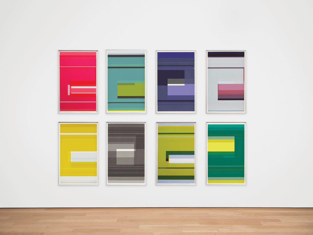 ALT="Kate Shepherd  , 2021  Screen print on coventry rag paper, unique  40 x 25 inches, installation view with eight works in a grid, pink, teal, purple, lavender, yellow, grey, lime green, dark green""