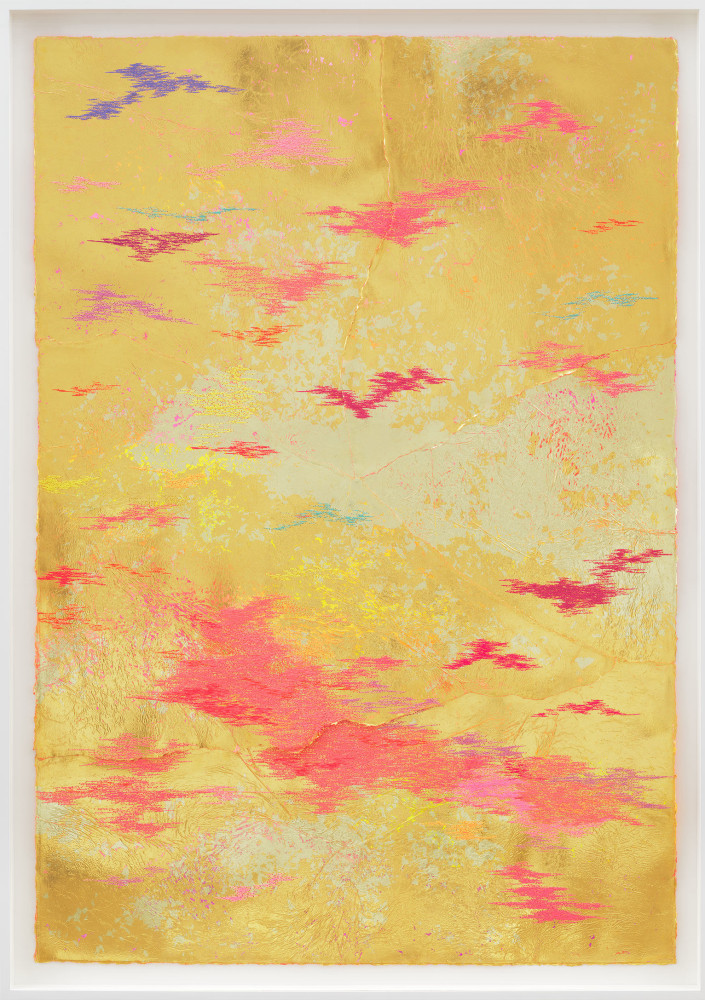 Jessie Henson Repair (Weather), 2023 16, 18 and 24K gold with Beva, acrylic gouache, and polyester thread on paper in 5 parts Framed Dimensions: 63 7/8 x 45 1/2 x 2 3/8 inches 162.1 x 115.4 x 6 cm Paper Dimensions: 60 x 41 inches 152.4 x 104.1 cm