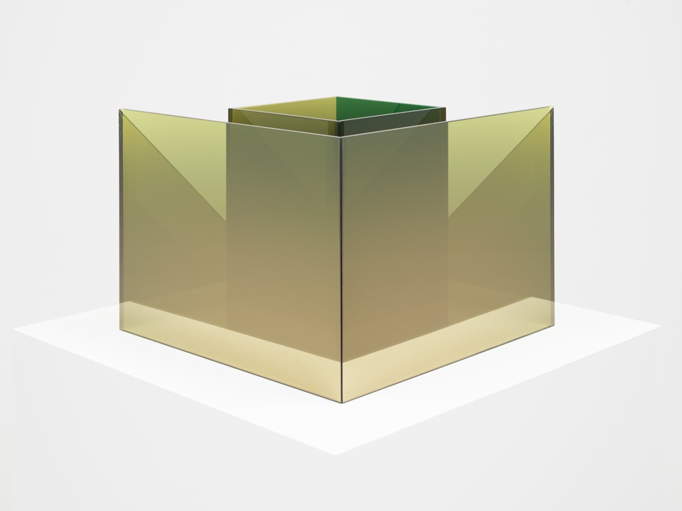Larry Bell Deconstructed Cube SS with Triangle (Lemoncello / Emerald), 2020 Laminated glass, stainless steel and titanium dioxide 12 x 16 x 16 inches 30.5 x 40.6 x 40.6 cm