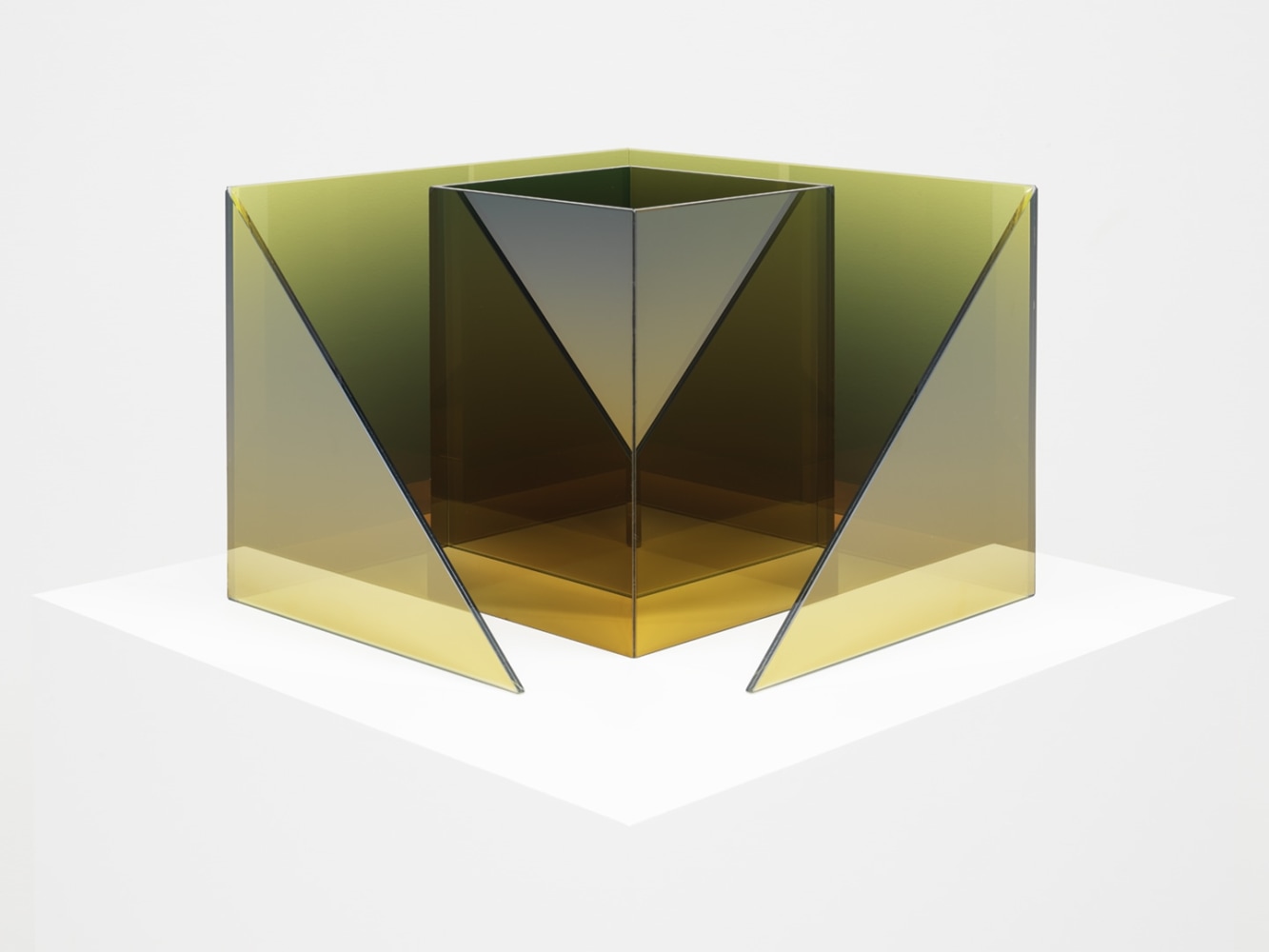 Larry Bell Deconstructed Cube SS with Triangle (Lemoncello / Emerald), 2020 Laminated glass, stainless steel and titanium dioxide 12 x 16 x 16 inches 30.5 x 40.6 x 40.6 cm
