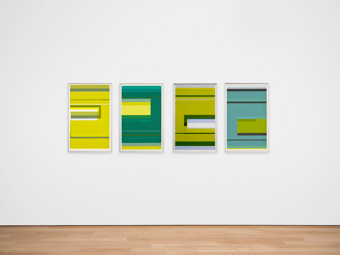 ALT="Kate Shepherd, Nina Simone Sings Pirate Jenny #144, 2020, Screen print on coventry rag paper, unique  40 x 25 inches, installation view with four works in a row, yellow, dark green, lime green, teal"