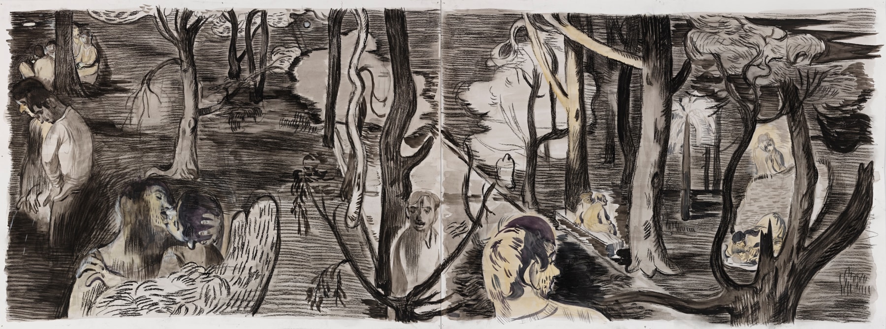 Salman Toor
Walk in the Woods, 2020
Charcoal, ink, and gouache on paper
17 7/8 x 47 3/4 inches
(45.4 x 121.3 cm)
Framed: 20 7/8 x 50 7/8 inches
(53 x 129.1 cm)