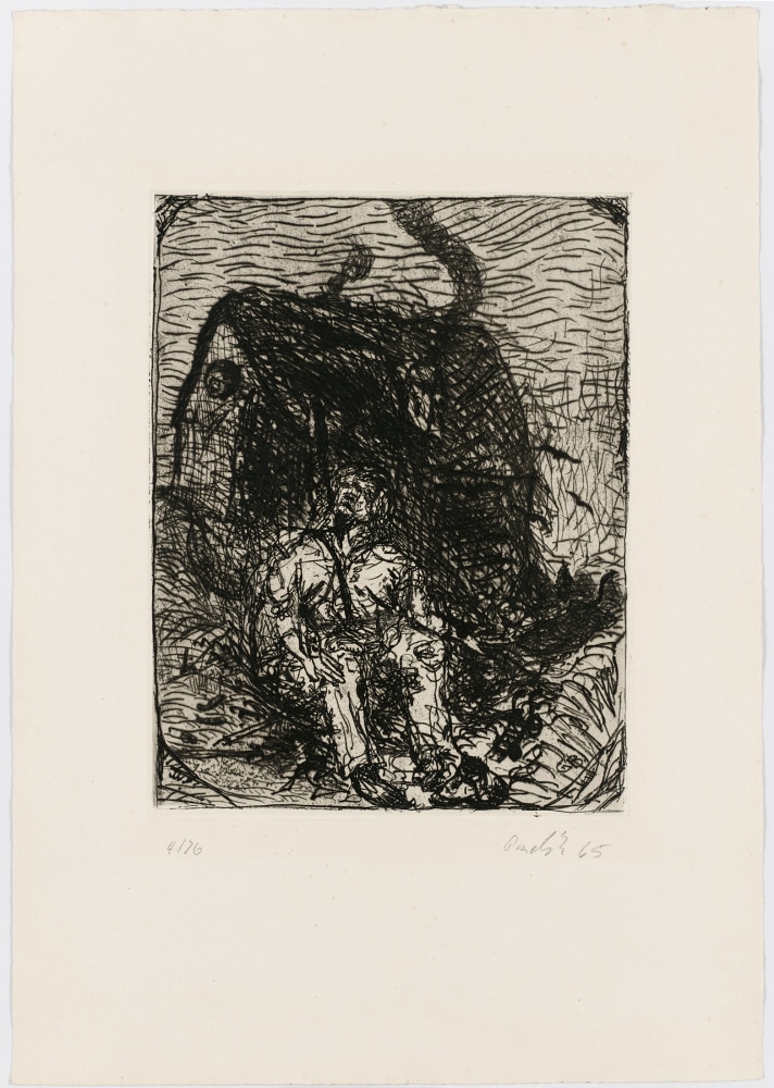 Georg Baselitz
Das Haus [The House], 1966
Signed/Dated: 4/20; Baselitz 65 (mistaken)
Etching, drypoint and soft-ground etching on zinc plate; on copper printing paper
Image size: 12 1/4 x 9 1/2 inches (31.1 x 24.1 cm)
Paper size: 21 1/2 x 15 inches (54.6 x 38.1)
Framed dimensions: 24 3/4 x 18 7/8 inches (62.9 x 47.9 cm)
&amp;copy; Georg Baselitz 2021
Photo: &amp;copy;&amp;nbsp;bernhardstrauss.com
